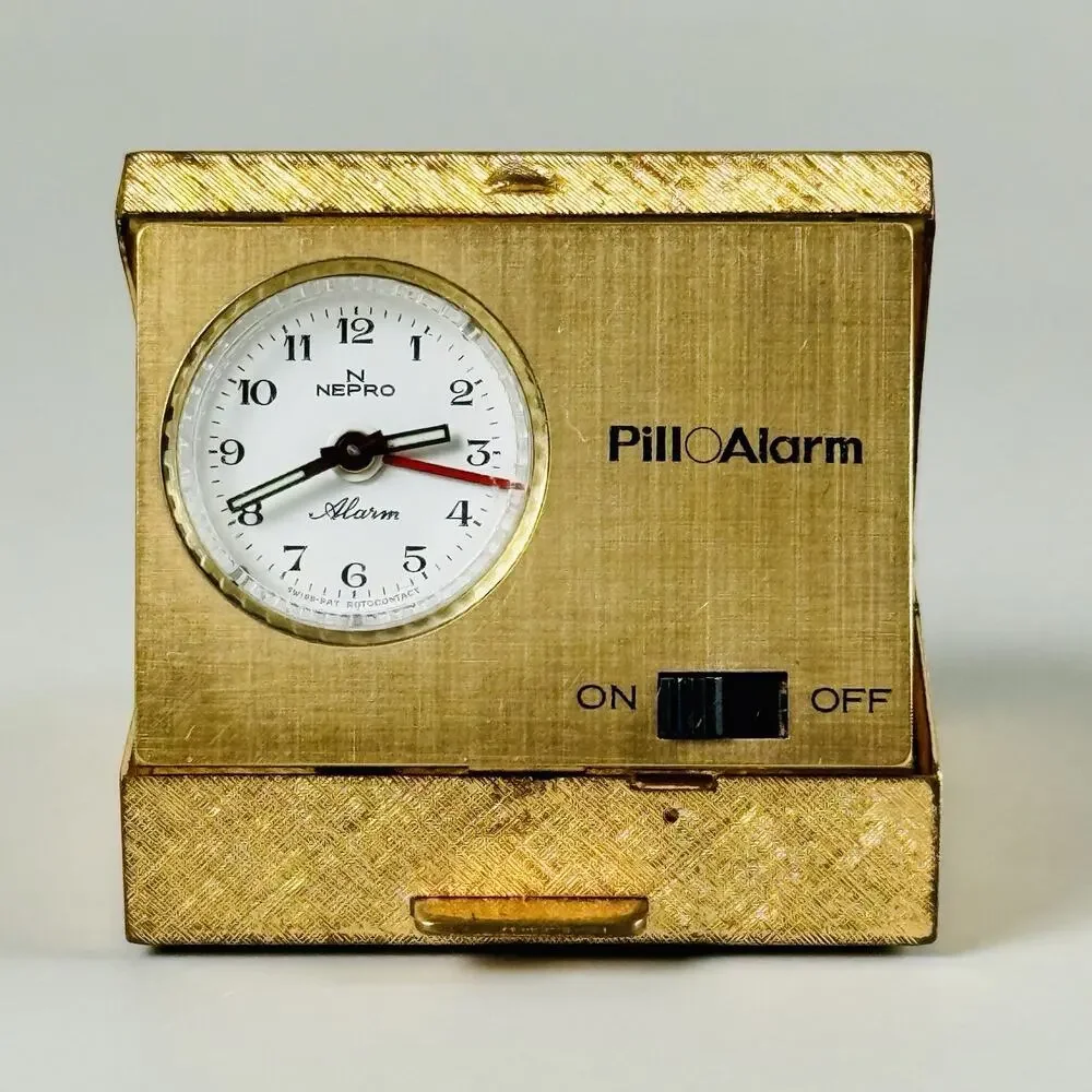 Rare NEPRO PillAlarm Swiss Mini Alarm Clock Gold Travel Original Case Vintage